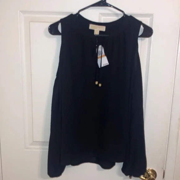 NWT Michael Kors Cold Shoulder Long Sleeve Blouse S MSRP $110 Black - Picture 1 of 6